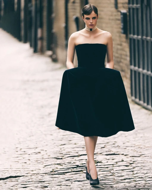 A stylish woman in a black strapless dress walks on a cobblestone street, framed by brick buildings and wrought iron.