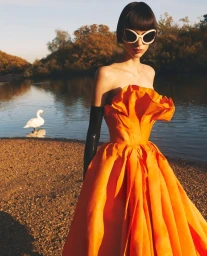 Model in a bright orange strapless gown and sunglasses posing by a lake with a swan in the background.