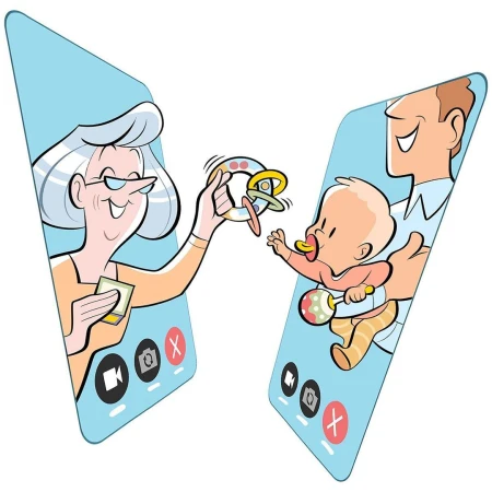 Digital art of a grandmother and father video calling with a baby, displaying a rattle and engaging in a virtual interaction.