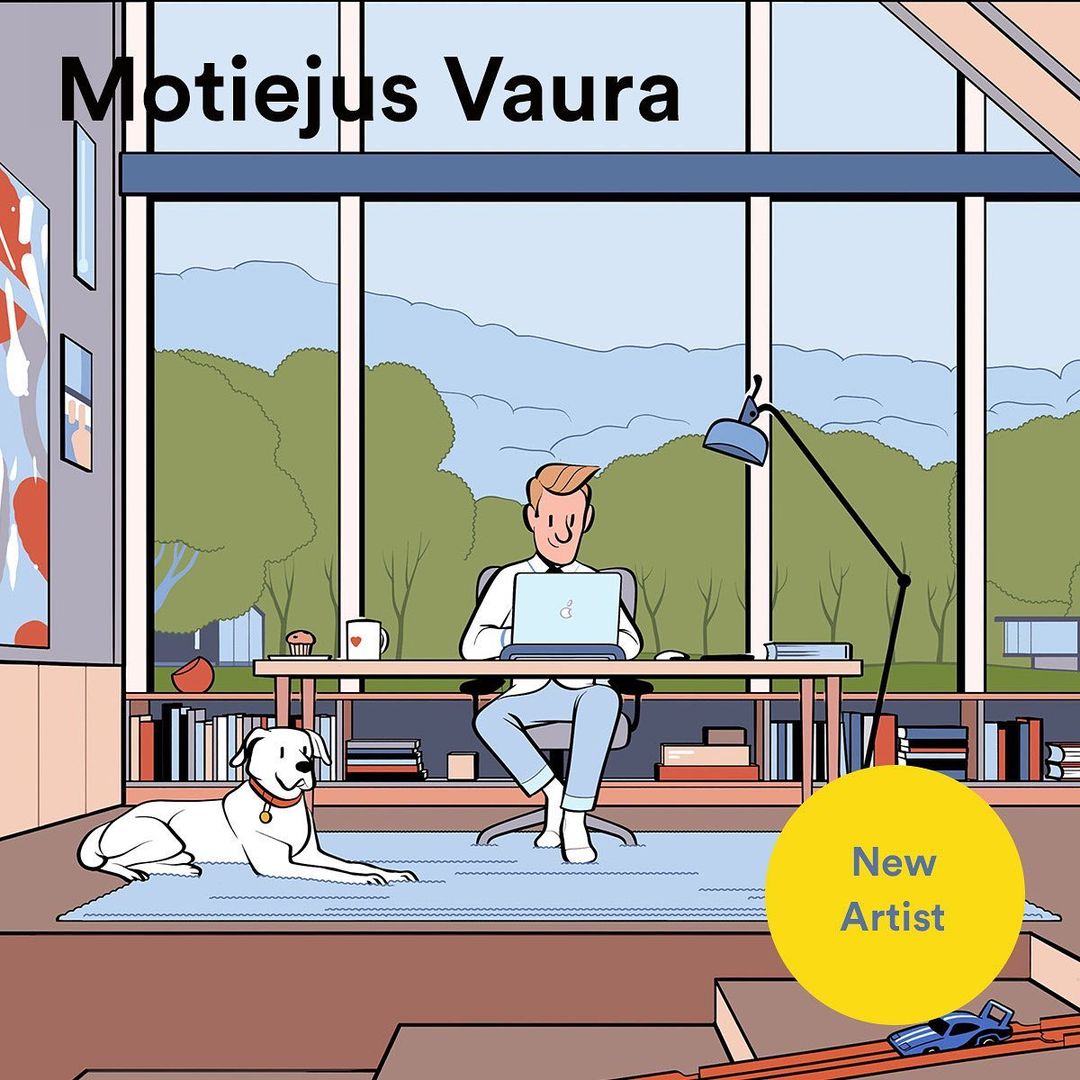 Illustration of a man working at a desk with a laptop, a dog lying on the floor, a large window, and toy car tracks in the foreground.