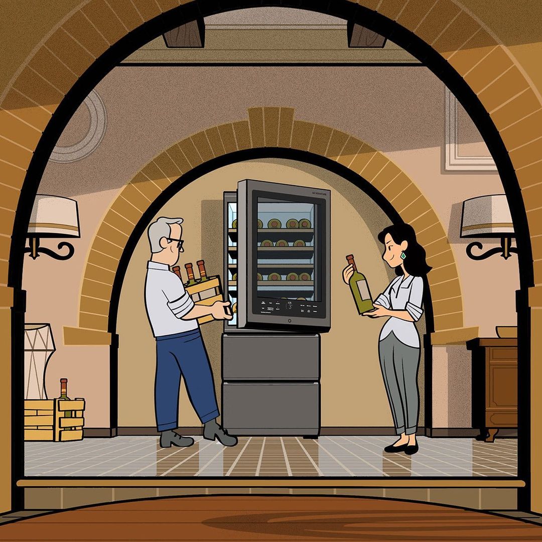 Illustration of a man carrying a wine crate and a woman holding a wine bottle near a wine refrigerator in a home setting.