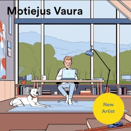 Illustrated man working on a laptop at a desk with a dog lying on a rug in a bright room by Motiejus Vaura