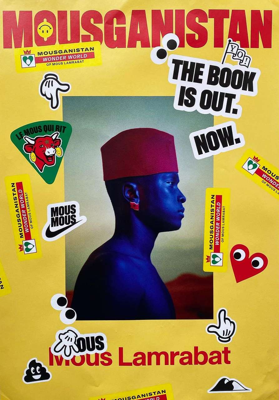 Profile of a person with dark blue skin and a red fez on a yellow background with stickers, promoting Mous Lamrabat's new book.