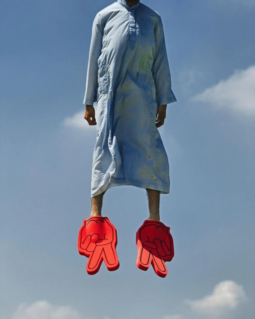 Man in traditional clothing floats in the sky wearing oversized red foam hands on his feet. Cumulus clouds and blue sky.