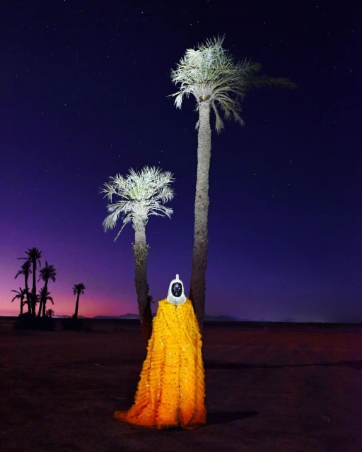 Person in bright orange gown and white mask stands between tall palm trees in a desert at night under a starry sky.