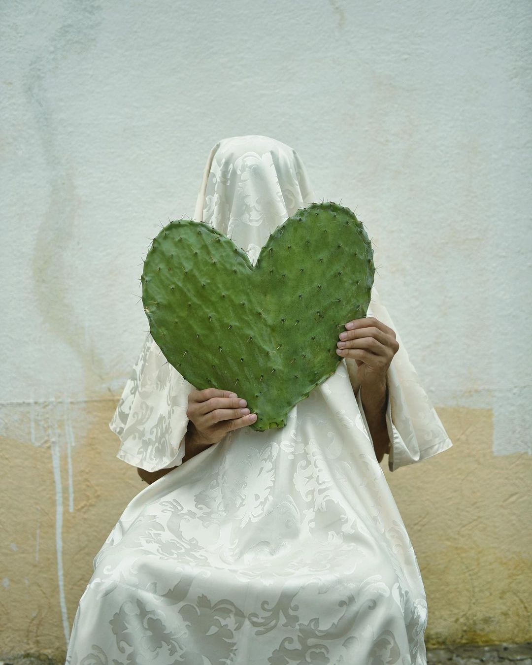 Person covered with patterned cloth holds a heart-shaped green cactus pad in front of a white wall, creating a surreal composition.