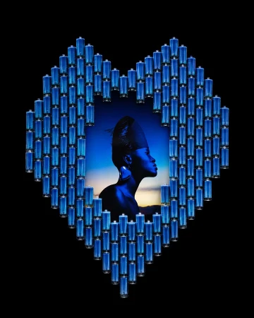 Artistic portrait of African woman framed by heart-shaped batteries on a black background with blue hues and an ethereal atmosphere.