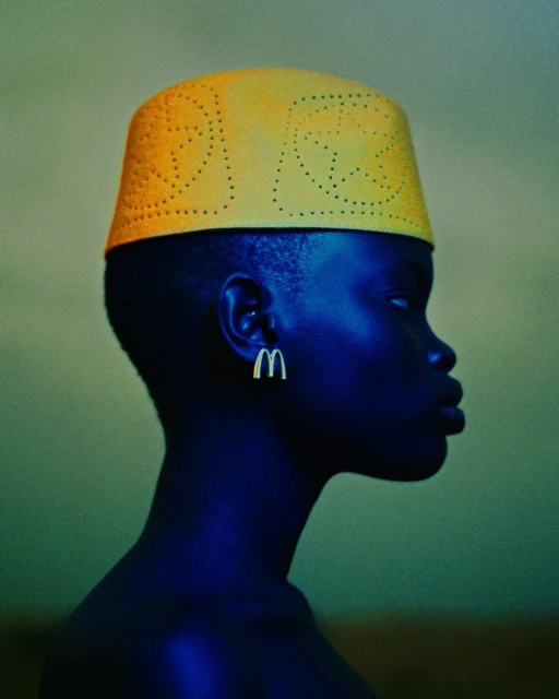 Profile portrait of dark-skinned woman wearing yellow hat and McDonald's logo earrings against muted green background. Studio shot.