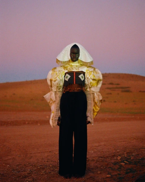 An African woman poses in a desert setting, wearing a custom couture outfit with a headpiece, statement sleeves, and black trousers.