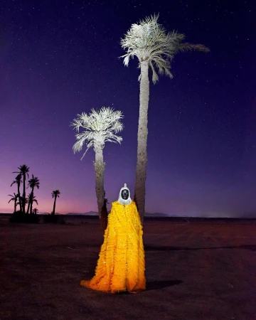 Figure in a voluminous yellow gown standing before two palm trees under a twilight night sky by Mous Lamrabat
