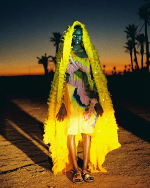 Fashion shot of an adult female with dark skin and a hooded yellow cape, posing outdoors against a sunset sky and palm trees.