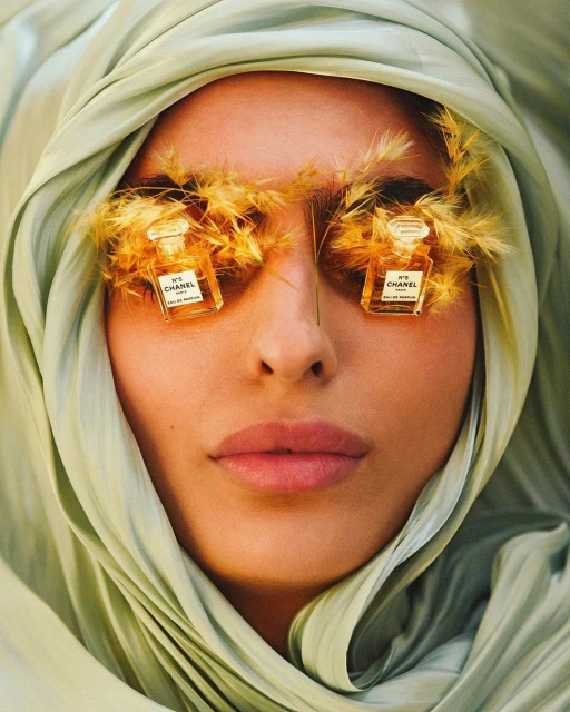 Conceptual beauty shot featuring a woman's face partially veiled in light green fabric, with Chanel perfume bottles and wheat in place of eyelashes.