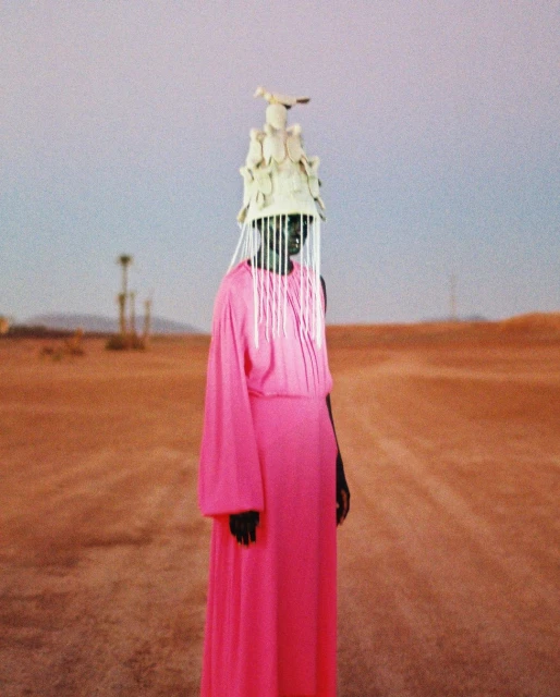 Woman in pink gown and decorative headdress stands in a desert landscape with a muted sky, creating a surreal and artistic portrait.