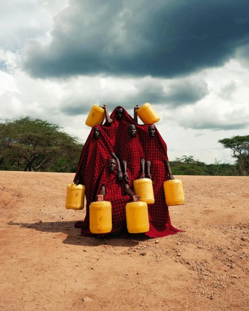 Group of six people in red robes carry yellow jugs in an arid, outdoor landscape under a cloudy sky, creating a striking, cultural image.