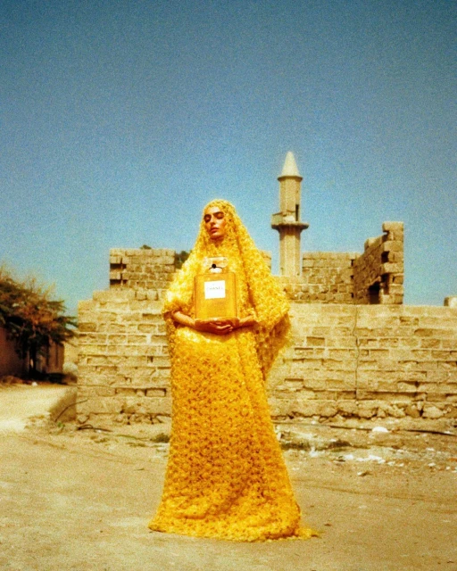 A woman in a yellow gown holds a Chanel perfume bottle, standing in front of an old brick building and minaret under a clear sky.
