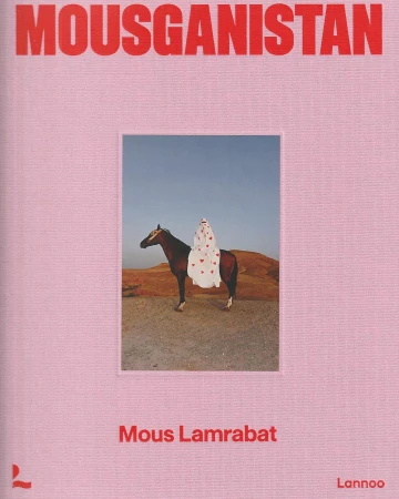 Book cover with the word MOUSGANISTAN at the top.  A brown horse is carrying a rider with a white cloth and red hearts.