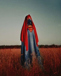 A person wearing a blue garment and red head covering with a Superman logo standing in a grassy field.