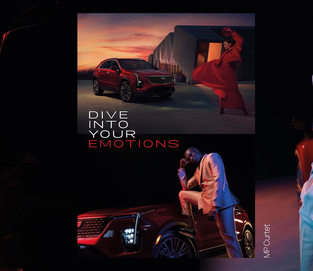 Automotive advertisement featuring a red Cadillac with an African American man in a suit and an African American woman in a dress.