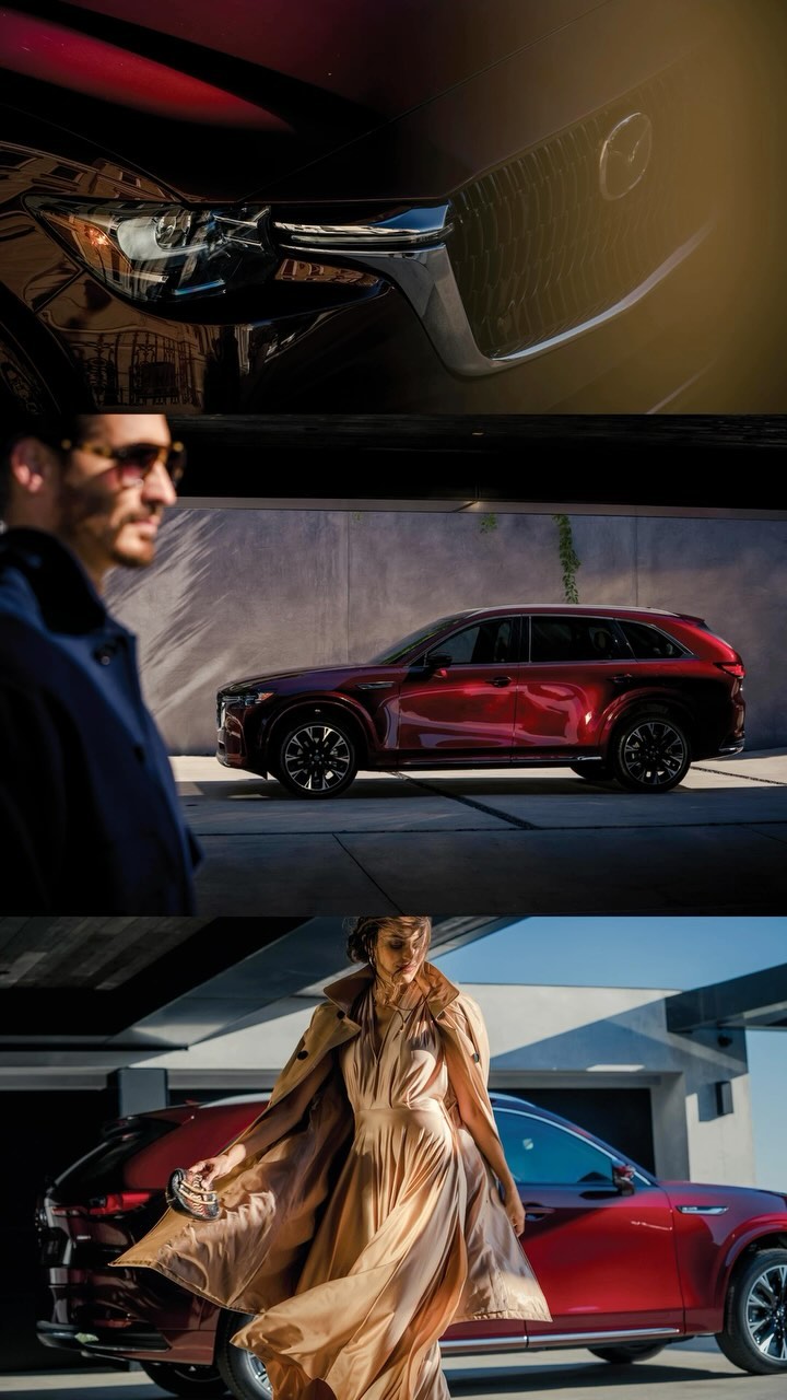 A red Mazda SUV is the primary focus, featuring a man in sunglasses and a woman in a long tan dress in an outdoor setting.