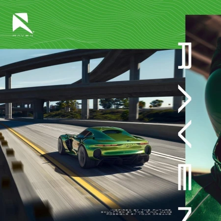 Green sports car drives on highway under overpass with sunny blue sky, showcasing automotive design and road travel in an outdoor setting.