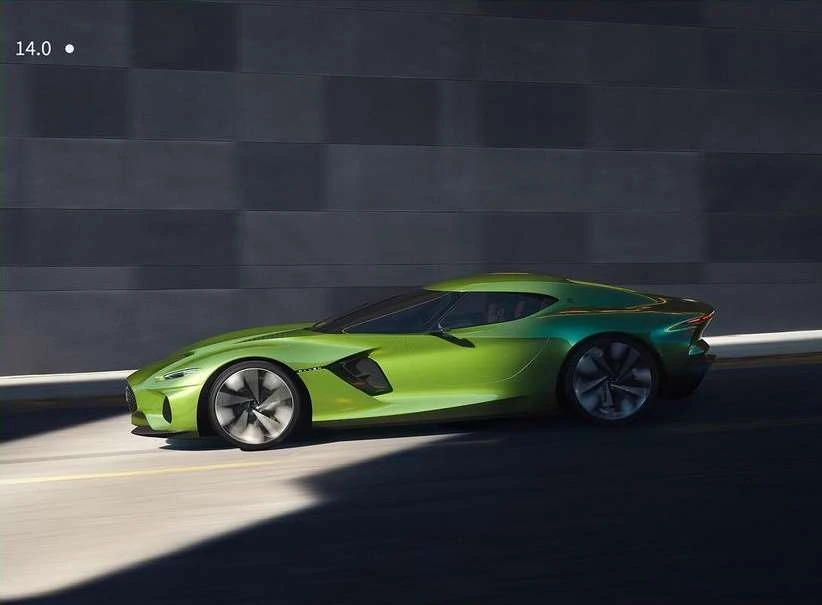Lime green sports car is parked on asphalt road in front of a dark grey corrugated wall. The sun casts strong shadows on the street.