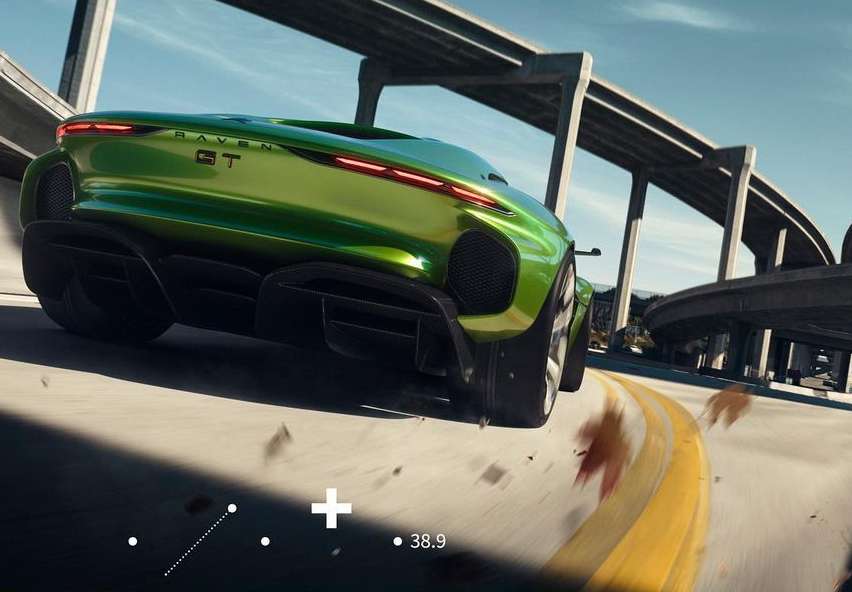 Green Raven GT sports car driving on an elevated highway underpass on a bright day, showcasing automotive design and performance.