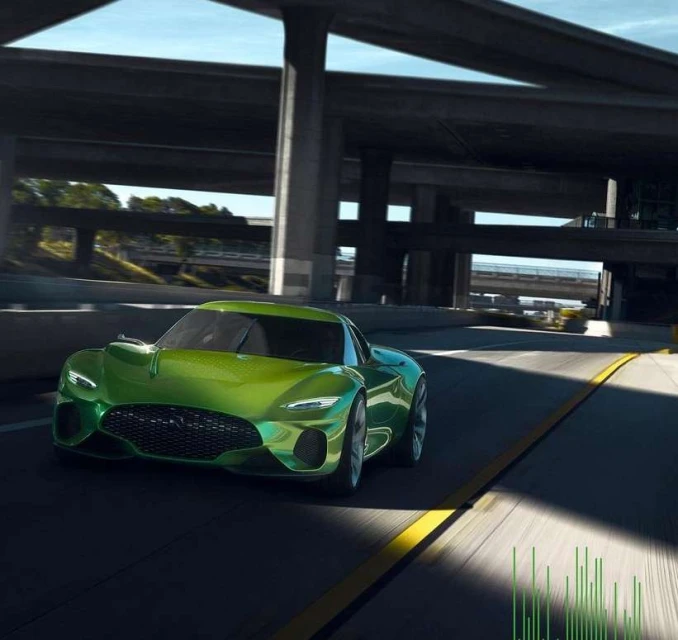 A sleek, lime-green sports car speeds along a sunlit highway beneath a concrete overpass, showcasing automotive design and road performance.