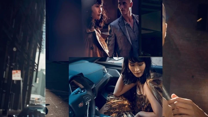 Montage showcases two women and a man in urban and studio settings, alongside a car interior, creating a multifaceted, modern aesthetic.