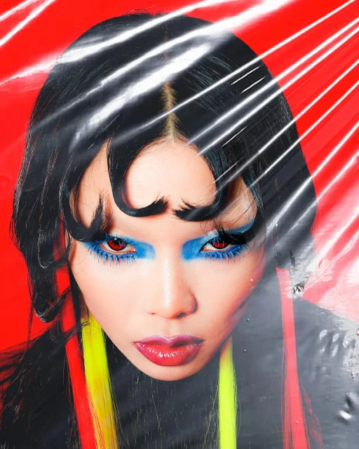 Portrait of an adult woman with unique makeup and hairstyle against a red background, framed by transparent plastic wrap with light glare.