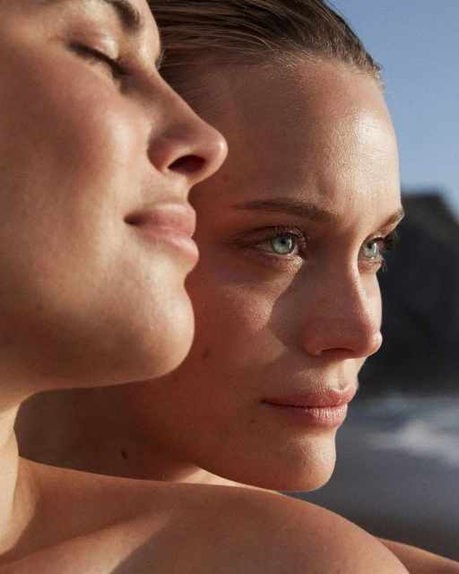 Close-up of two light-skinned women with natural makeup posing outdoors with soft light. One woman has her eyes closed. Beauty shot.