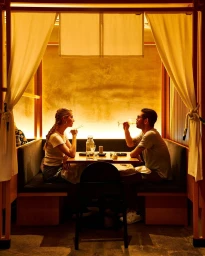 Man and woman dining at a booth in a dimly lit restaurant framed by cream curtains.