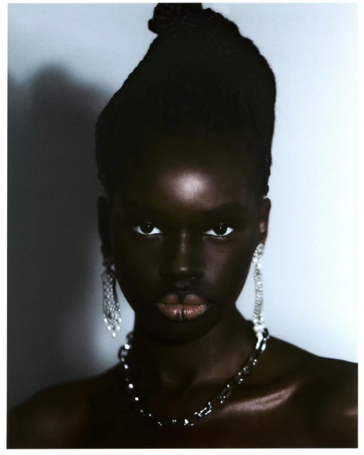 Close-up portrait of a Black woman with elaborate hairstyle, dangling earrings, and necklace against a soft gray background. Beauty shot.