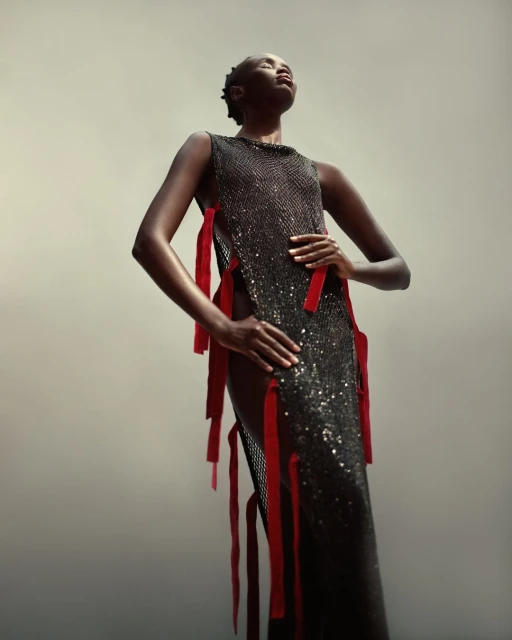 Elegant, dark-skinned woman in long, sparkling gown with red ribbons, head tilted back in a confident pose, studio lighting, high angle.
