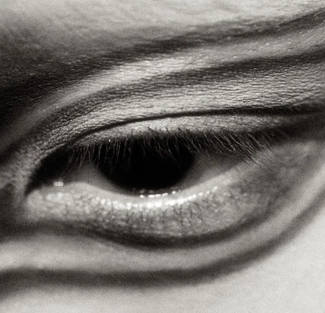 Close-up black and white photograph of a human eye with visible eyelashes, eyebrow and skin texture, showcasing a natural expression.