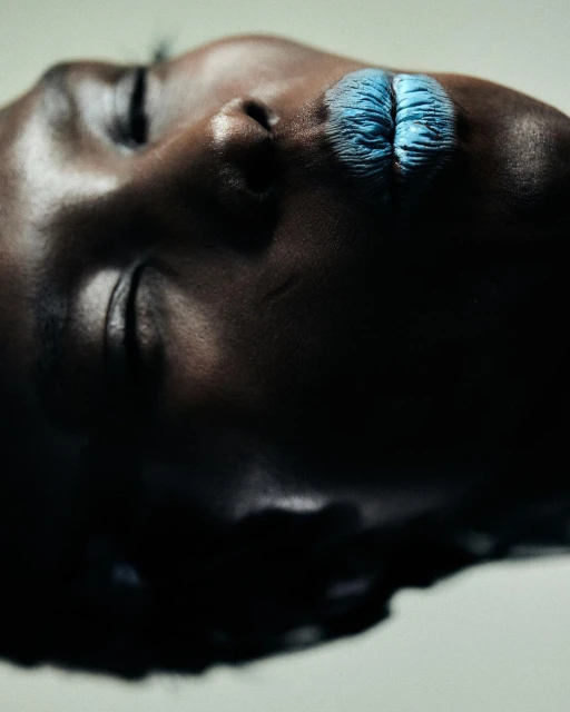 Dramatic beauty shot of a Black woman's face with blue lipstick in a studio, captured with a close-up, high-angle perspective.