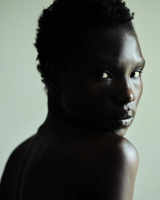 Portrait of an adult Black woman with dark, glossy skin, short hair, and intense gaze, against a neutral backdrop. Minimalist beauty shot.