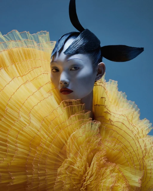 Woman in elaborate yellow ruffled dress and black sculptural headpiece against a blue background in a beauty and fashion studio shot.