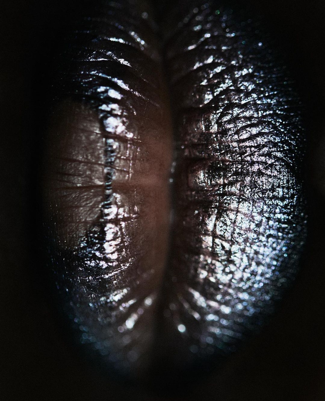 Close-up studio shot of a glossy, textured, dark brown surface with a deep crevice, illuminated by dramatic lighting.
