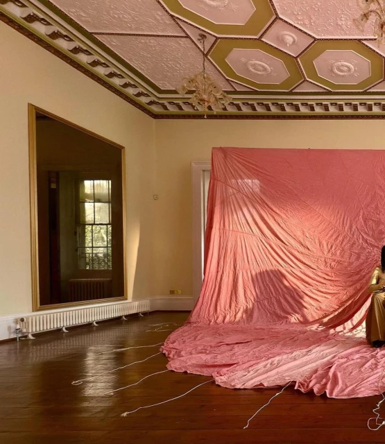 Interior of a room with hardwood floors, a large framed mirror, a chandelier hanging from an ornate ceiling, and a draped pink fabric.