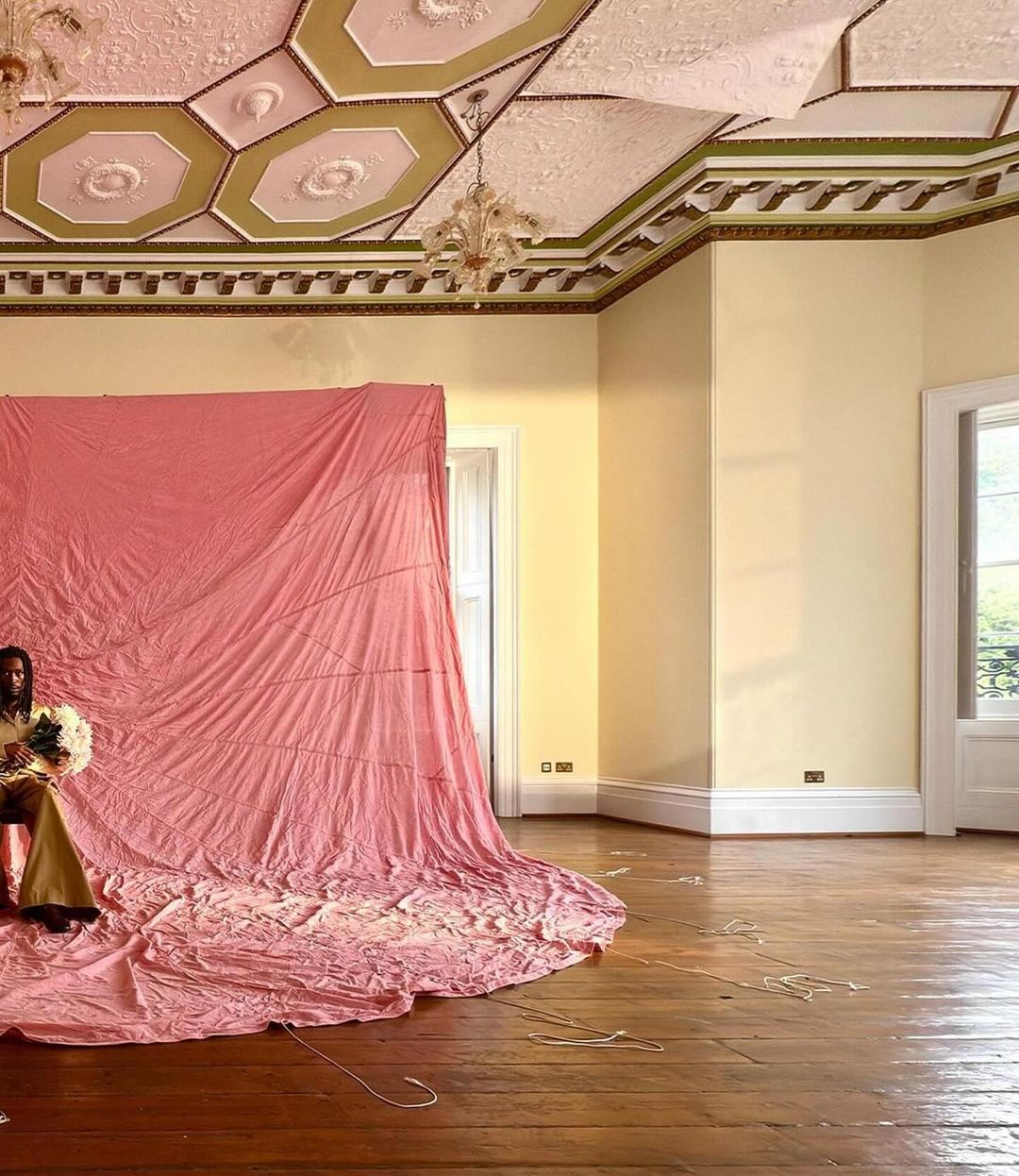 Woman with bouquet sits in elegant room draped with pink fabric, natural light through windows, classic architectural details, unique scene.