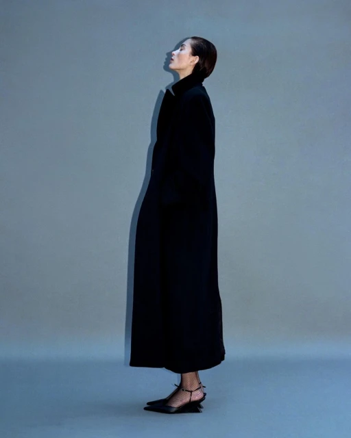 Woman in long black coat and pointed-toe slingbacks posing in profile against a studio backdrop. Fashion editorial photography.