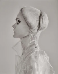 Profile portrait of a woman with sculpted blonde hair wearing a clear plastic trench coat in New York by Myrthe Giesbers