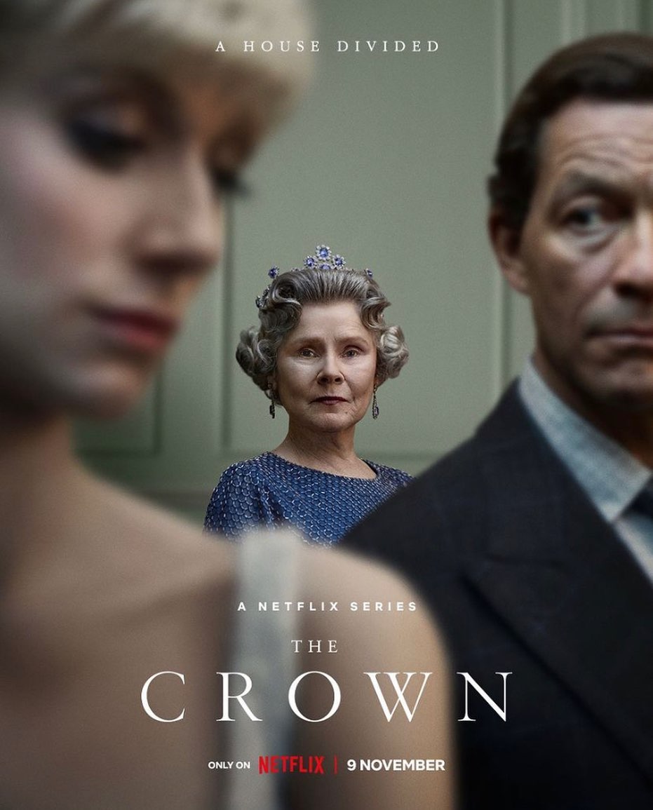 The Crown season 5 promotional image with three actors in costume. Queen Elizabeth in the middle, flanked by Princess Diana and Prince Charles.
