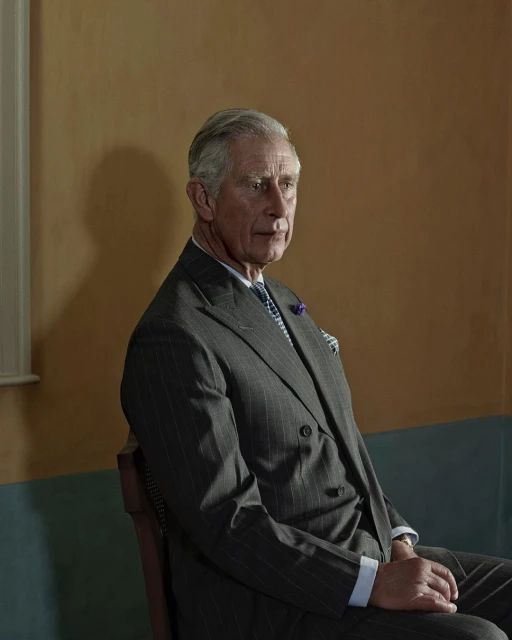 Portrait of an adult male in a grey suit sitting indoors with a tan wall and window in the background, in a studio setting.