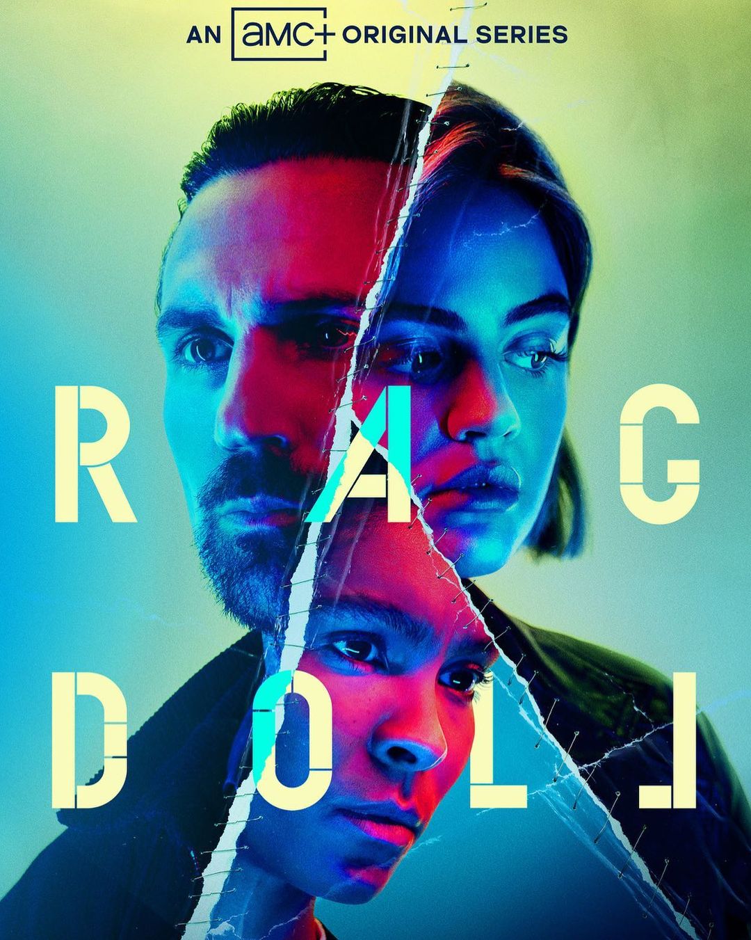 AMC+ original series 'Ragdoll' poster featuring the faces of three adult actors: a man, a woman, and another woman. The background is gradient.