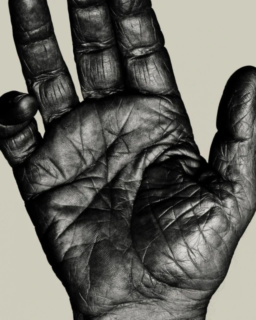 Close-up photograph of a dark-skinned human hand displaying detailed textures, lines, and ridges against a neutral background.