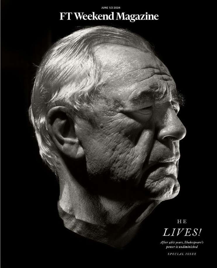 Black and white portrait of an elderly male face in profile with a dark background, as seen on the cover of FT Weekend Magazine.