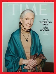 Portrait of Jane Goodall wearing a tan turtleneck and teal shawl against a pale blue wall for a Time magazine cover
