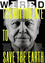 Close-up portrait of David Attenborough against a black background with overlaid yellow magazine typography by Nadav Kander
