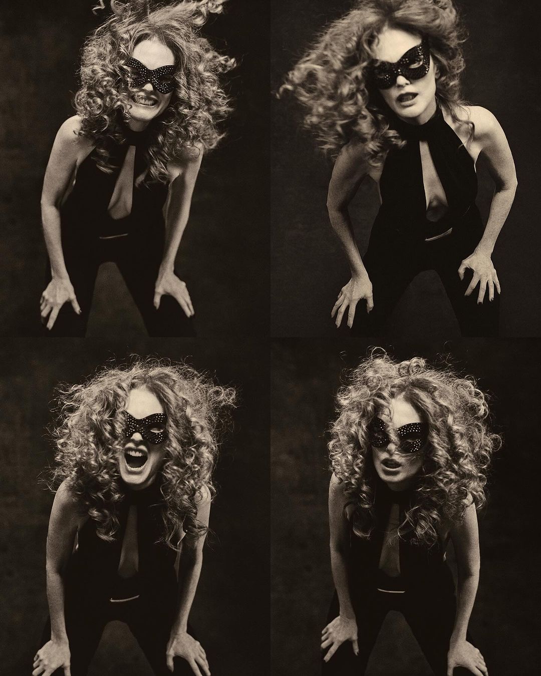 Woman in a black halter jumpsuit and mask poses in a four-image grid, captured with studio lighting against a dark background.